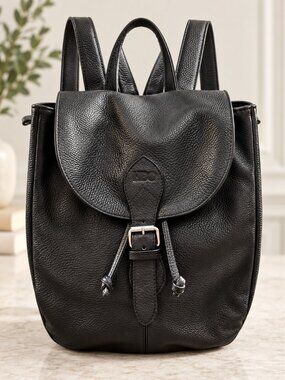 Clava American Black Genuine Leather Backpack Pebbled Drawstring Buckle Unisex